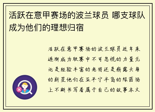 活跃在意甲赛场的波兰球员 哪支球队成为他们的理想归宿