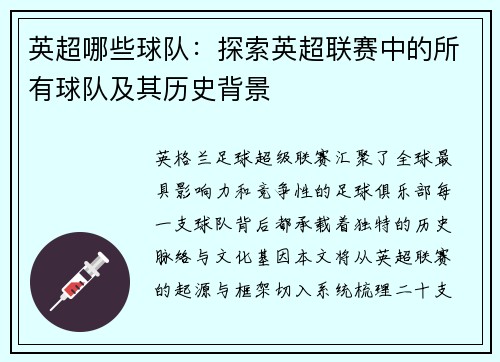 英超哪些球队：探索英超联赛中的所有球队及其历史背景